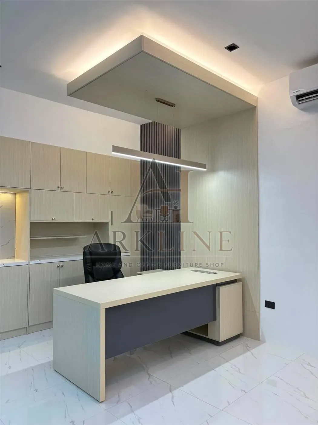 Executive office with custom desk and wall cabinets by Arkline